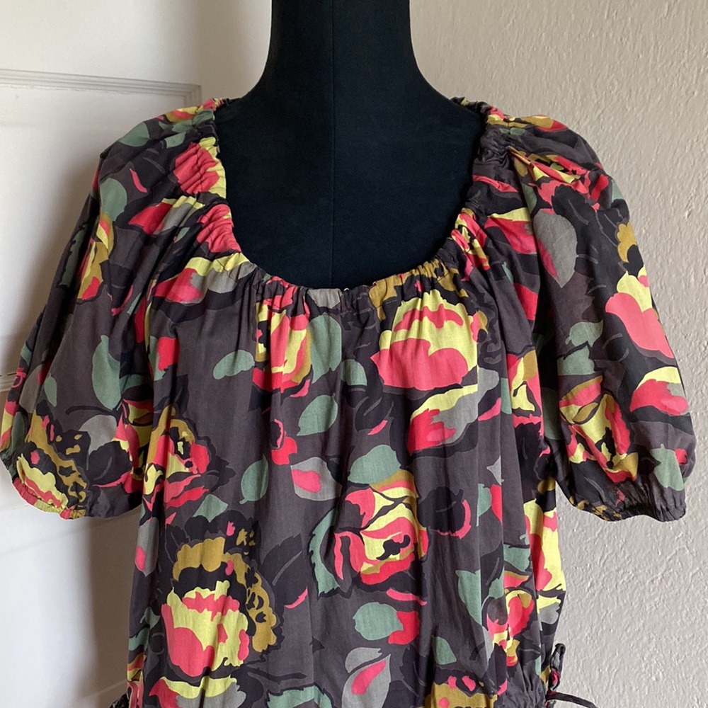 French Connection Floral Blouse With Puff Sleeve And Drawstring Cinched Waist